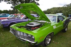 A bright green car with its hood open parked on some grass next to three other colorful cars with closed hoods.