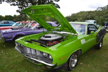 A bright green car with its hood open parked on some grass next to three other colorful cars with closed hoods.