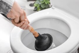 A close-up of a person's hands using a plunger in a toilet. There is a roll of toilet paper and a plant near the toilet.