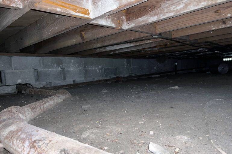 A crawl space with a pipe, dirt, and rocks. There's a dark space in the corner and a wooden foundation above.