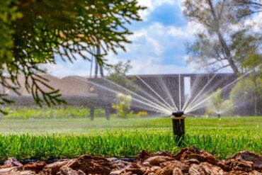 An up close commercial property irrigation sprinkler head. The sprinkler head is on and water is spraying on the lawn.