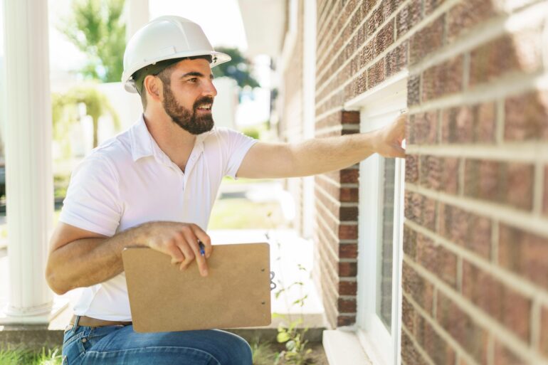 A home inspector feels the house's outside wall, which consists of brick. He holds a clipboard and a pen.