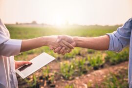 A woman holding a tablet shakes the hand of a man as they stand in an agricultural field during golden hour.