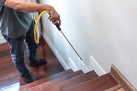 A pest control company is spraying the destructive chemical liquid onto the side of the wooden staircase.