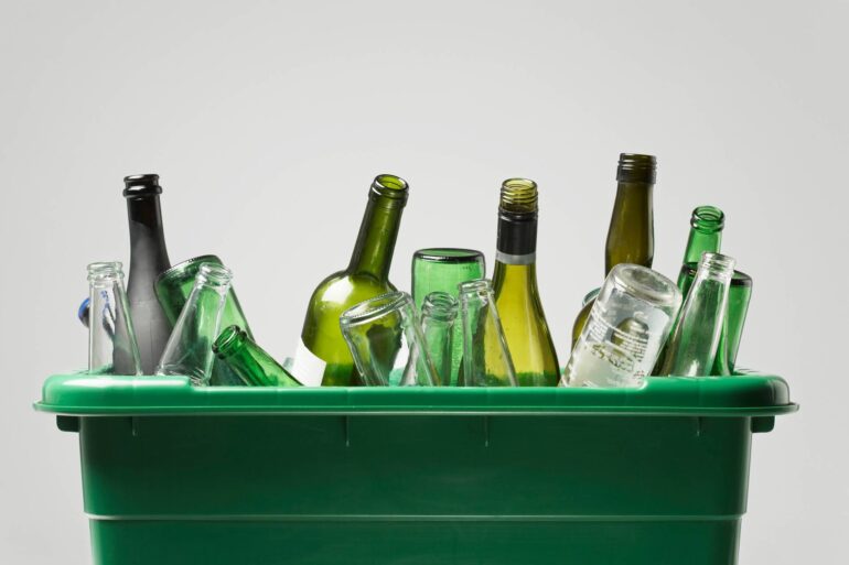 A green, plastic bin contains several empty glass bottles. There are green, clear, and black bottles.