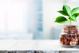 A small glass jar is full of pennies and sits on a gray brick surface. A small plant is growing out of the jar.