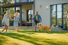 A family of four playing in a backyard with a frisbee. Between them, the dog is running after the frisbee.