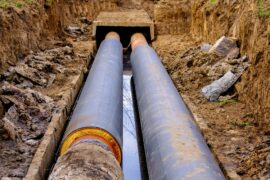 Insulated pipes in a trench during underground utility work, with construction materials and soil visible around them.