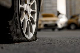 A dark gray car with a flat tire parked on the pavement outside. Two yellow cars are parked in the distance.