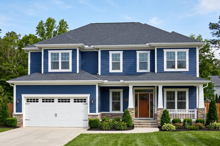 Two-story blue house with white trim, a double garage, covered front porch, green lawn, and neatly landscaped yard.